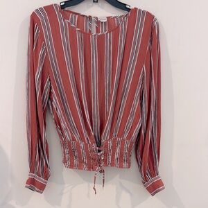 DIZZIE Striped Size S Rust Lace-Up 100% Rayon Blouse